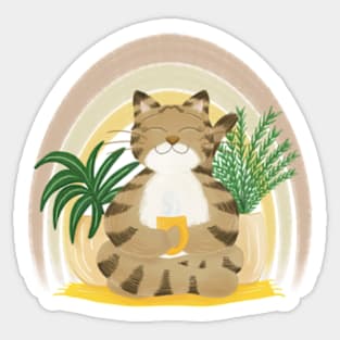 Cat drinking tea and rainbow Sticker